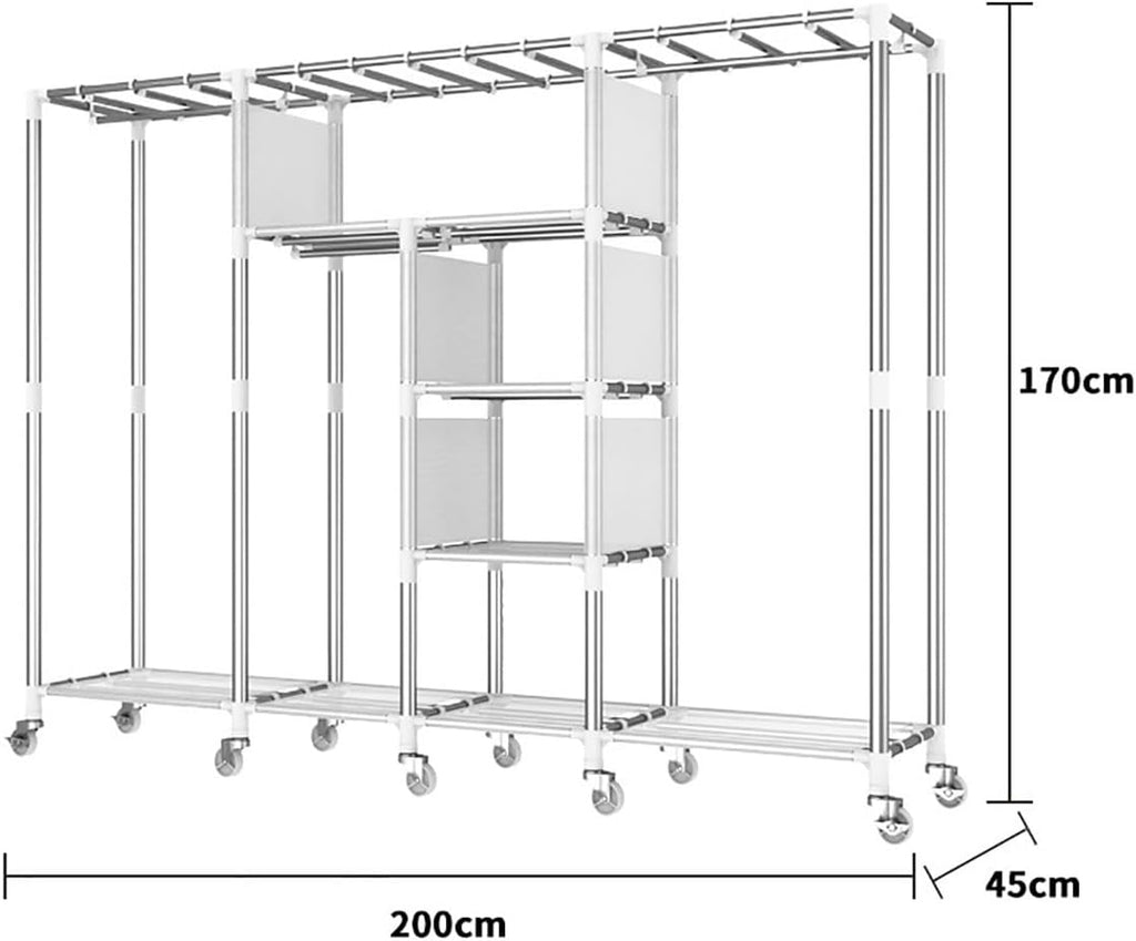 Closet Wardrobe with 360° Wheels 170cm Portable Closet for Bedroom Garment Rack with 2 Clothes Rail and Fabric Cover 6 Compartments (Color : C, Size : 200x45x170cm)