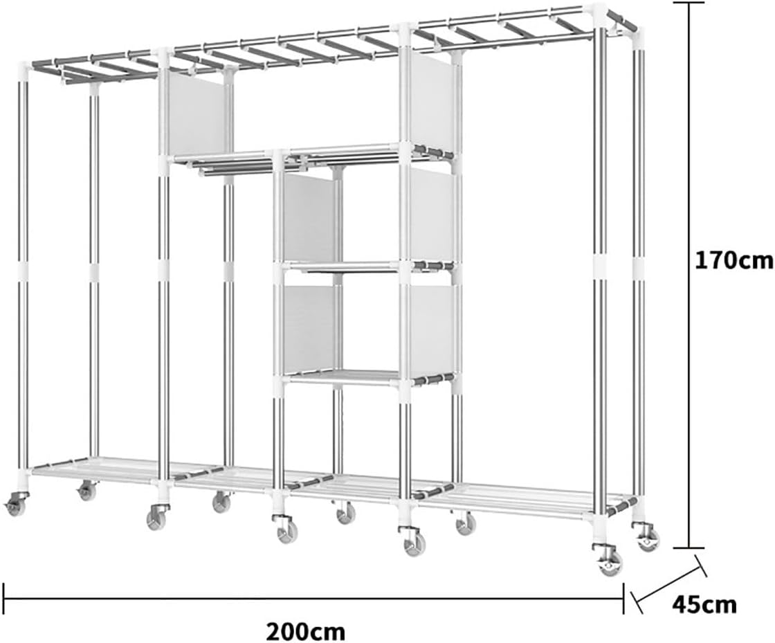 Closet Wardrobe with 360° Wheels 170cm Portable Closet for Bedroom Garment Rack with 2 Clothes Rail and Fabric Cover 6 Compartments (Color : B, Size : 200x45x170cm)