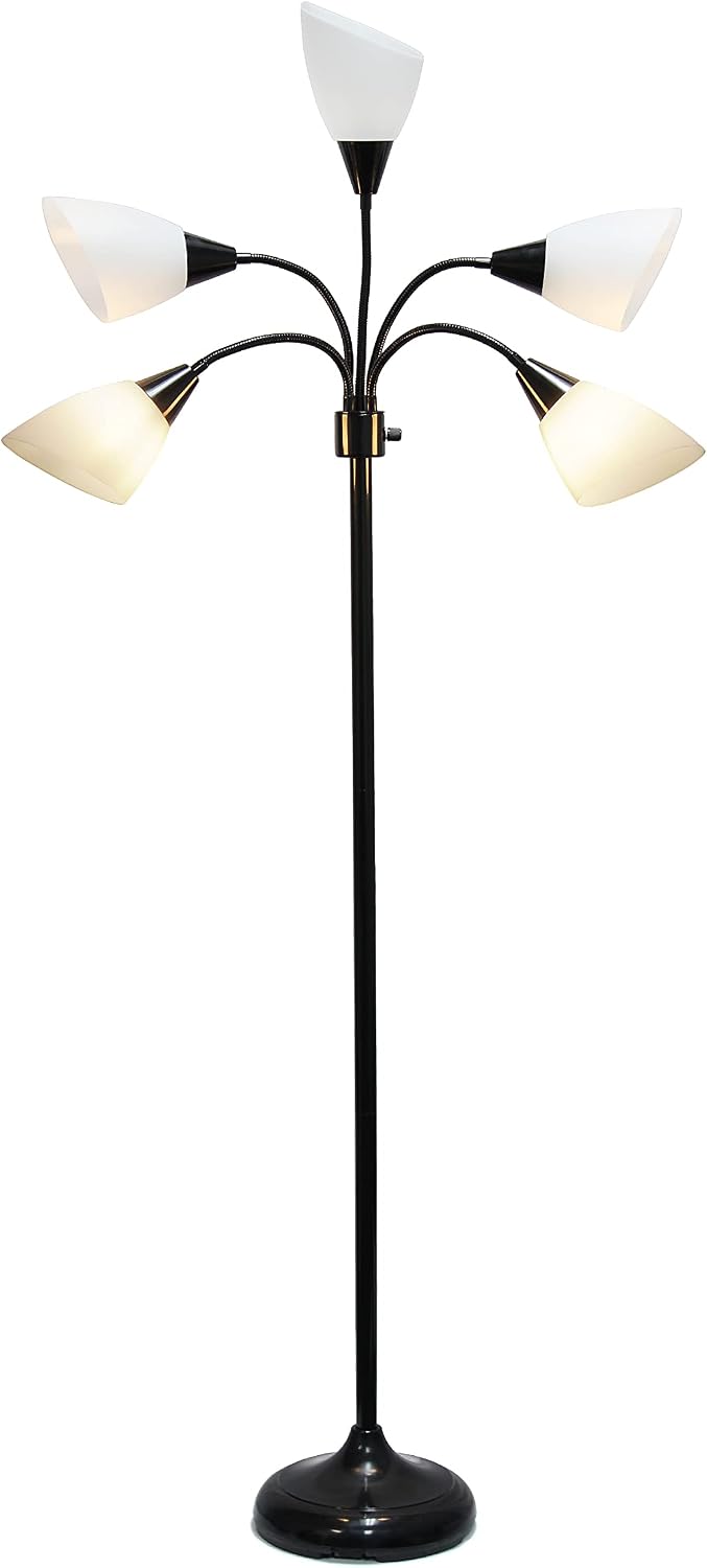Simple Designs LF2006-BAW 67' Contemporary Multi Head Medusa 5 Light Adjustable Gooseneck Black Floor Lamp with White Shades for Kids Bedroom Playroom Living Room Office (Pack of 2)