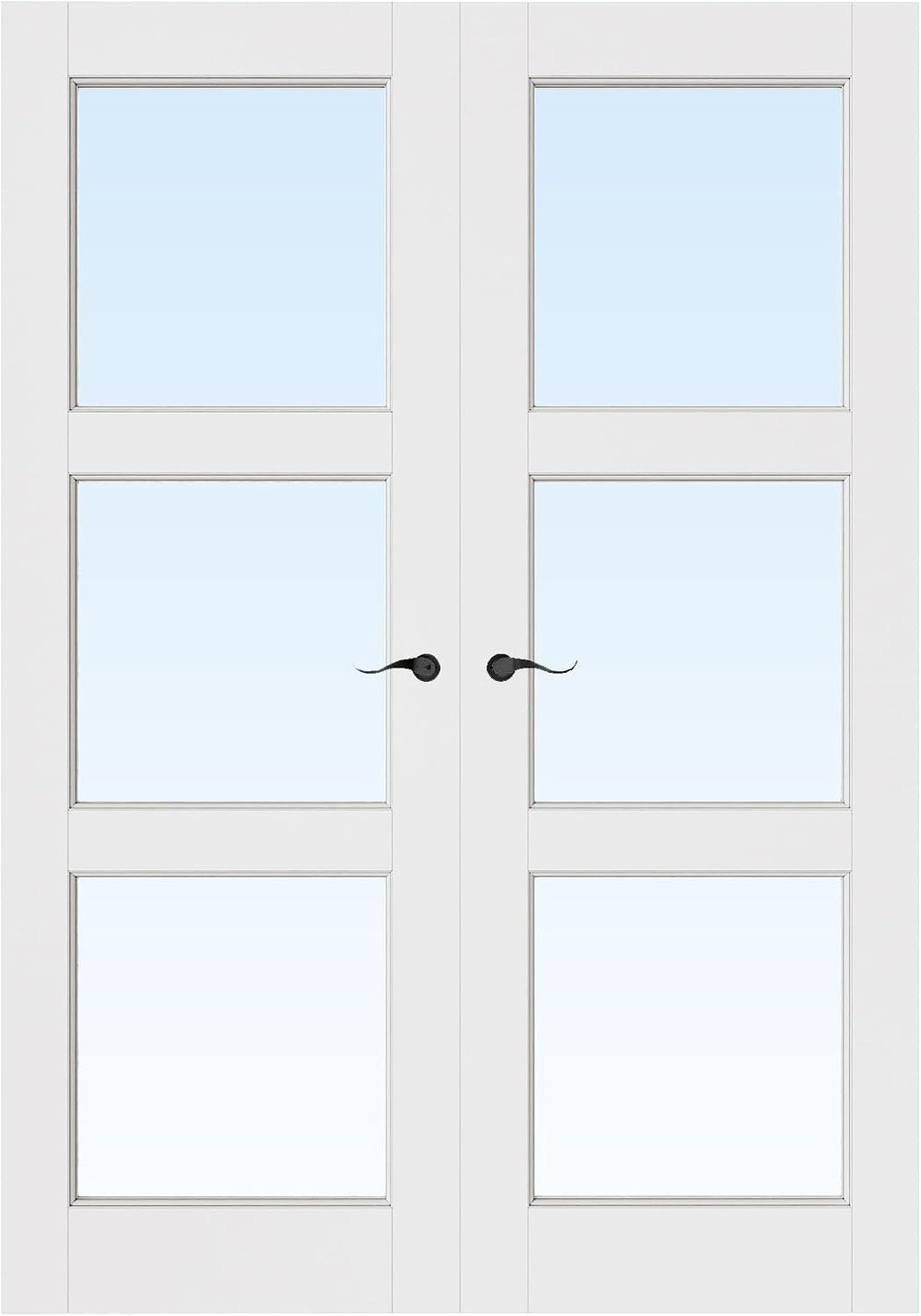 French Door 36' x 80' (Double 18' x 80') 3-Lite Clear Glass Door Slabs with Pre-Hung Jamb, Black Hinges, Levers and Latch, White Primed, French Interior Doors with Frame, Swing Double Bedroom Doors
