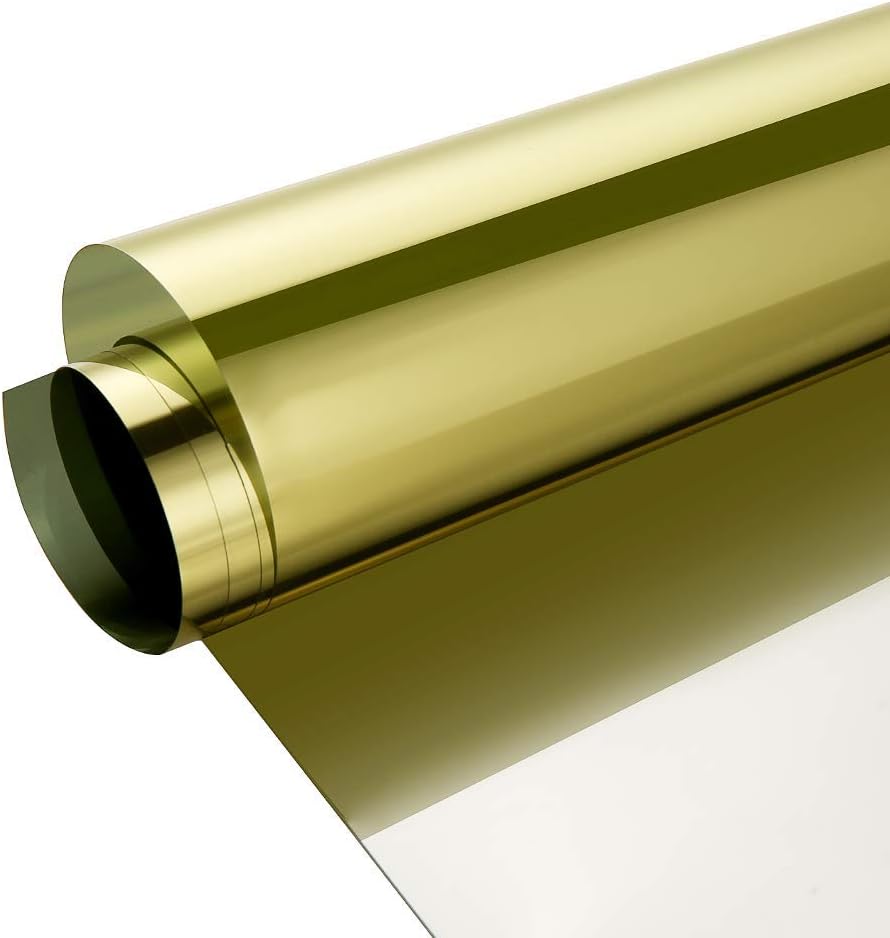 Reflective Window Film One Way Mirror Privacy Film Heat Control Anti UV Adhesive Window Tint Sticker for Home and Office, 35.4Inch x 100Feet, Gold Silver