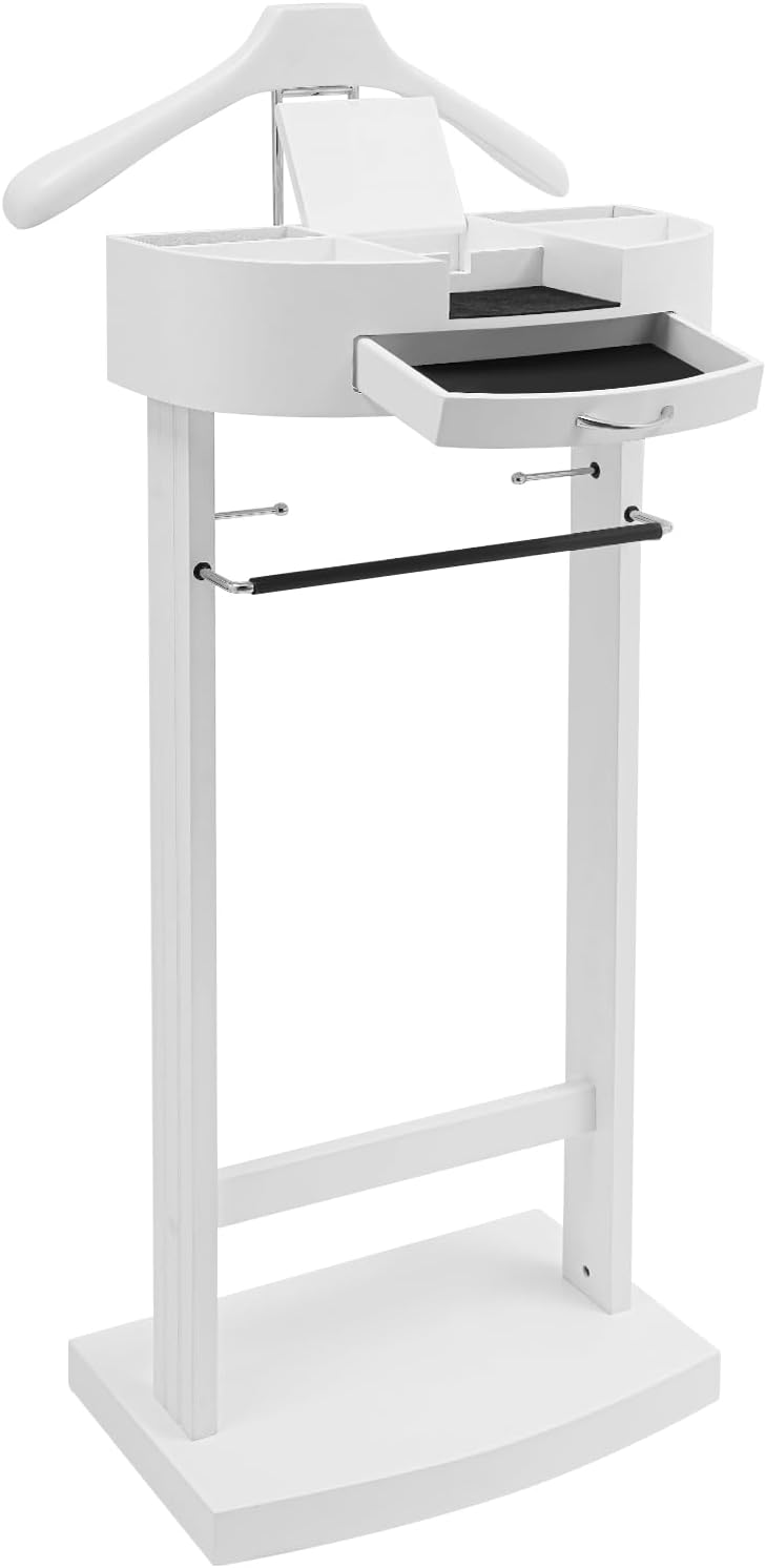 Suit Valet Stand White, Freestanding Clothes Rack with Velvet-Lined Drawer & Compartments, 66lbs Capacity, for Bedroom Hotel Entryway