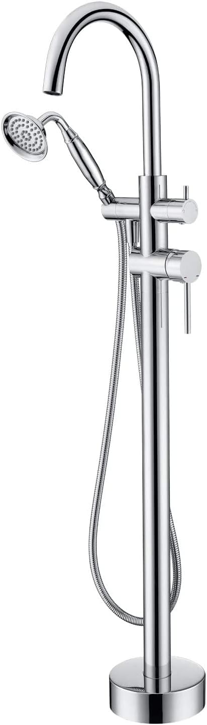 Gecheer Freestanding Tub Filler Faucet with Handheld Shower, Chrome Floor-Mount Bathtub Faucet, 360-Degree Gooseneck Spout, 6 GPM Flow Rate, Includes 59-Inch Stainless Steel Hose