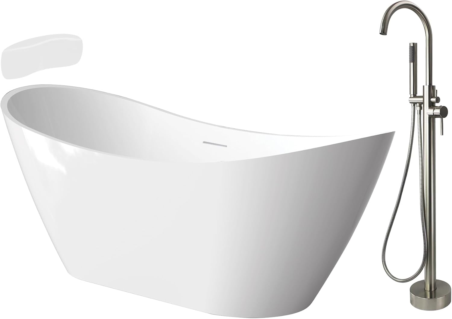 Transolid Skylar Freestanding Oval Soaking Bathtub Kit 59 in. x 31 in. Gloss White with Peyton T4200-BN Brushed Nickel Floor-Mount Faucet, Color-Matched EZ-Click Center Drain and Bath Pillow