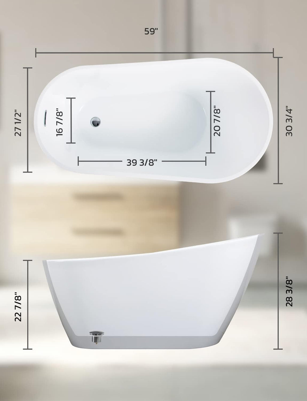 Zevemomo 59 inch Freestanding Bathtub, Acrylic Free Standing Soaking Bathroom Tub with Brushed Nickel-Finished Overflow and Drain, Easy Installation, White