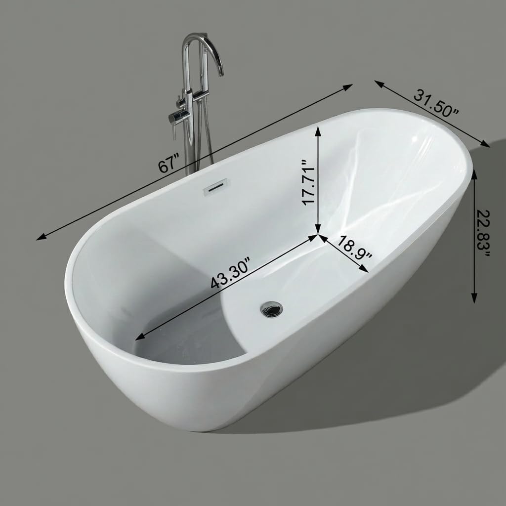 67' Freestanding Acrylic Bathtub, Deep Soaking Tub with Non-Slip Base & Chrome Drain, cUPC Certified, Easy Install, Space-Saving Bathtub, Modern Tub for Bathrooms, White Pearl