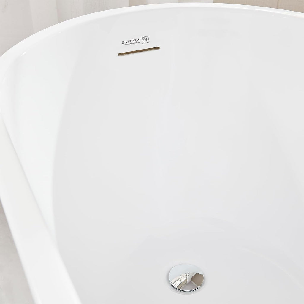 Vanity Art 67 x 31 Inches Freestanding Bathtub White Acrylic Bathtub Modern Stand Alone Soaker Tub with UPC Certified Slotted Overflow and Pop-up Drain for Two Person Bathing