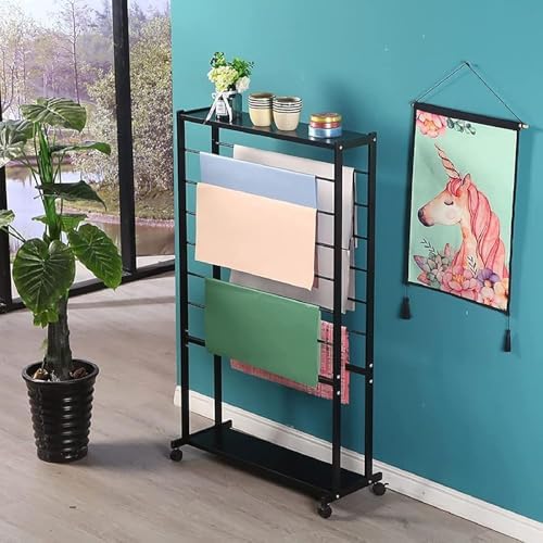 7 Tier Double-Sided Display Stand, Rolling Organizer for Wrapping Paper and Ribbons, Mobile Scarf Storage with Wheels, Wall Mounted Clothes Rack (Black