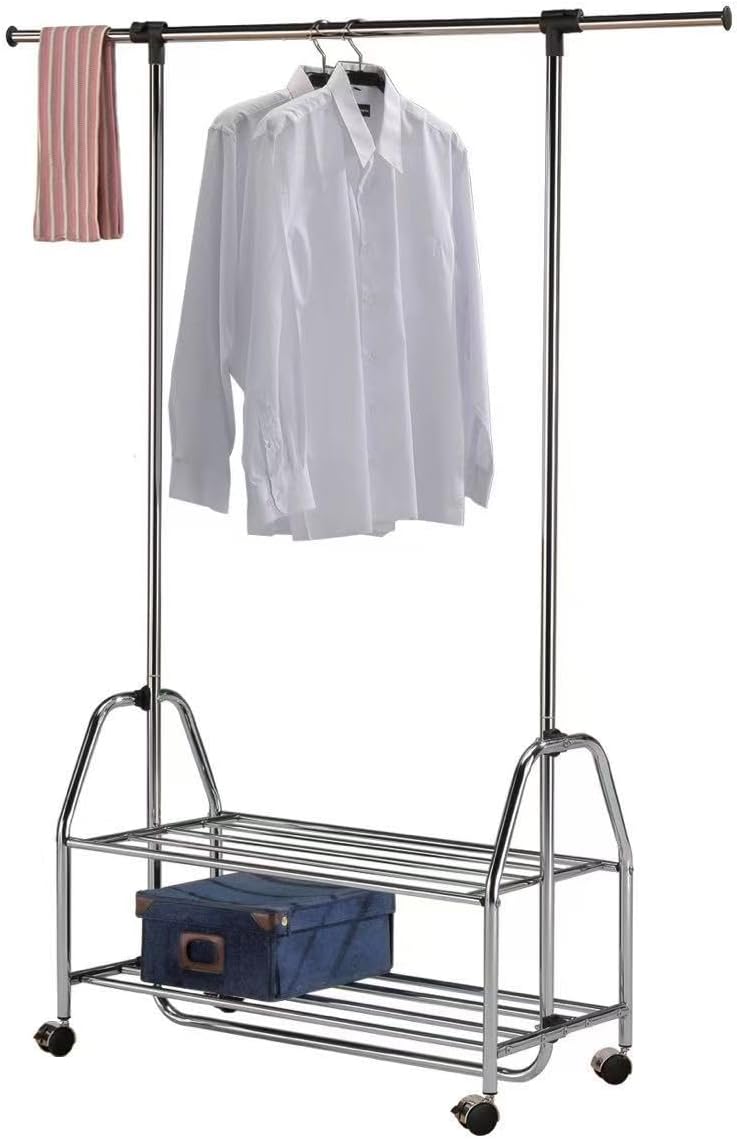 Chrome Metal Clothes Rack Extendable Bar Adjustable Garment Rail with Wheels Freestanding Wardrobe Storage Organizer for Bedroom Closet Silver