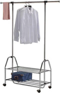 Chrome Metal Clothes Rack Extendable Bar Adjustable Garment Rail with Wheels Freestanding Wardrobe Storage Organizer for Bedroom Closet Silver