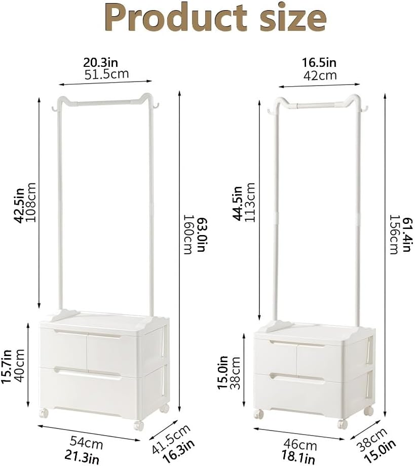 Freestanding Clothes Rack with Storage Drawers, Bedroom Wardrobe Organizer with Rolling Wheels, Small Space Garment Rack Cabinet for Entryway or Dorm(21.3 * 16.3 * 63.0in)