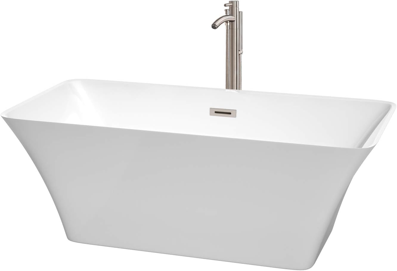 Wyndham Collection WCBTK150459ATP11BN Tiffany Freestanding Bathtub with Floor Mounted Faucet In Brushed Nickel, 59', White with Brushed Nickel Trim