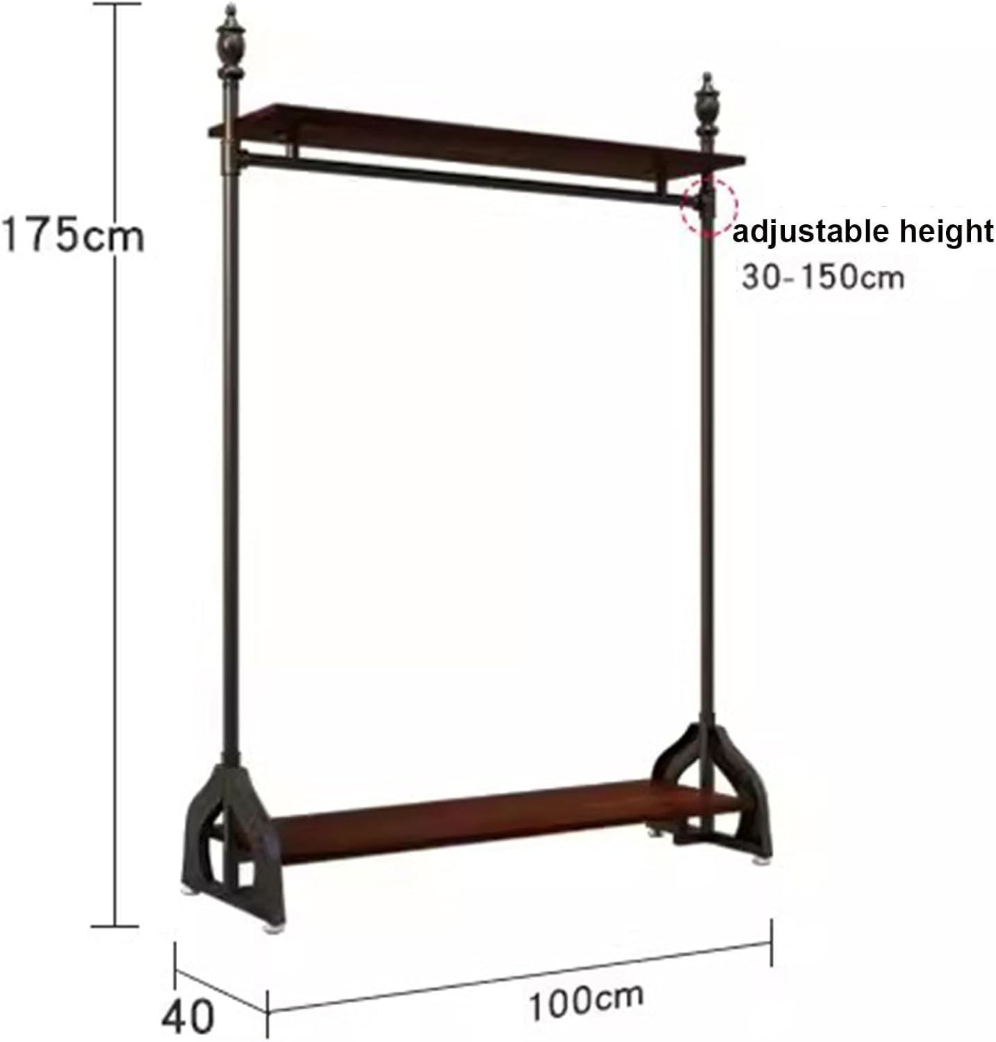 Garment Rack Heavy Duty Clothing Rack with 2 Tier Wooden Shelves, Black Metal Clothes Rack for Bedroom and Clothing Store, Adjustable Height Hanging Rod, Easy to Assemble Coat Rack