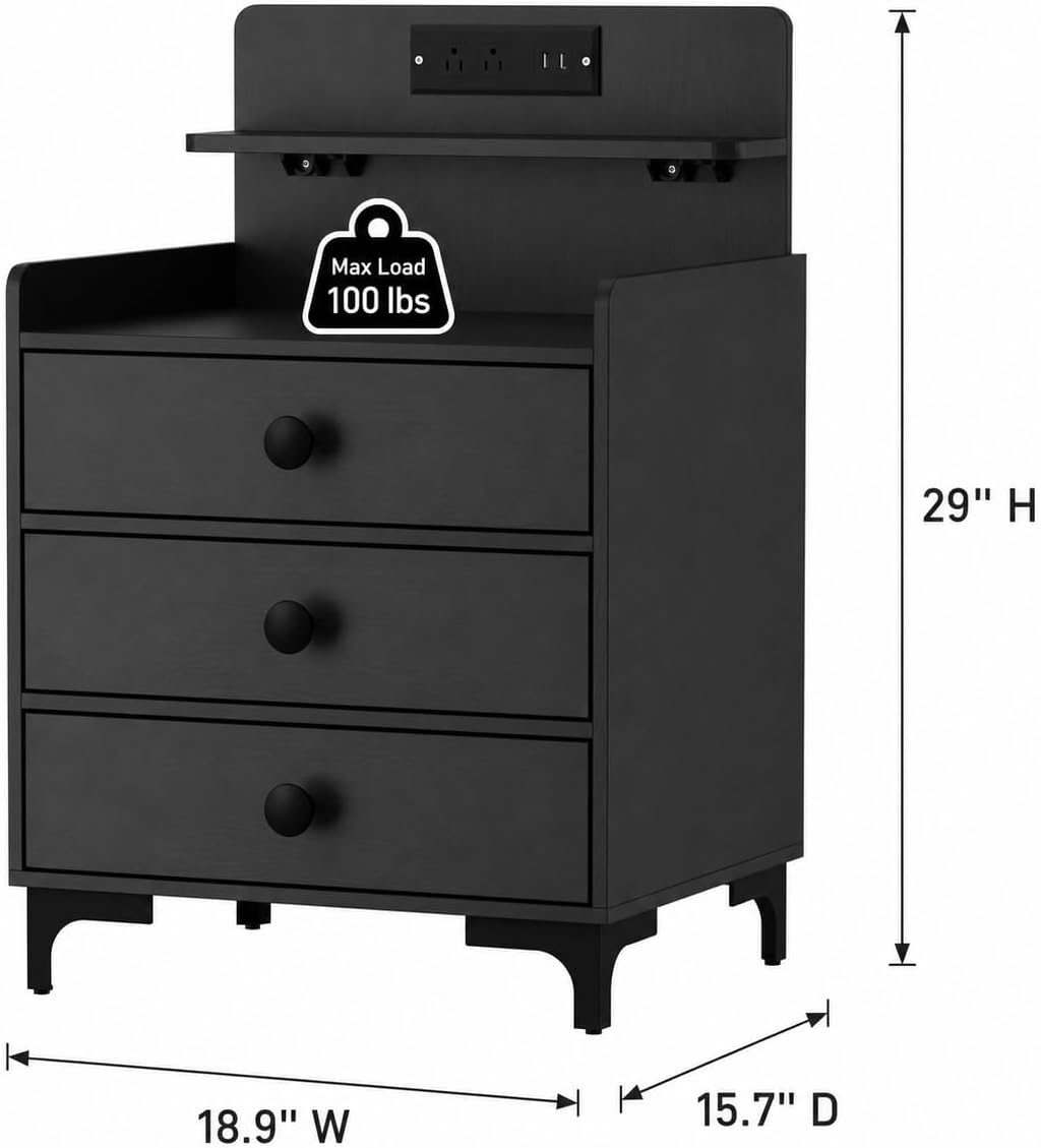 Rreyet 29' Nightstand Set of 2, 3 Drawers, Black | Charging Station, Button Handle, Smooth Sliding, Enhanced Storage, For Bedroom, Sofa Side