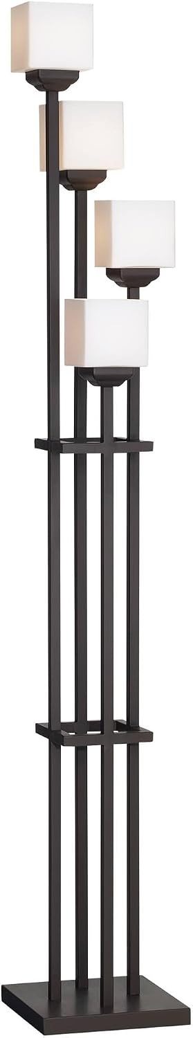 Franklin Iron Works Light Tree Rustic Mission 72 1/2' Tall Floor Lamp with Smart Socket Bronze Brown Metal White Glass Square Shades for Living Room Living Bedroom Office House Home