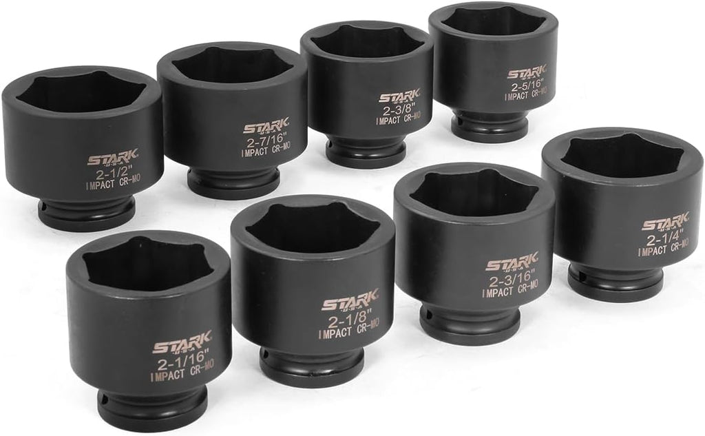 Stark USA 8-Pieces Jumbo Impact Stock Set Sizes 3/4' Drive Deep Socket Set SAE (2-1/16, 2-1/8, 2-3/16, 2-1/4, 2-5/16, 2-3/8, 2-7/16, 2-1/2 inch) Storage Case