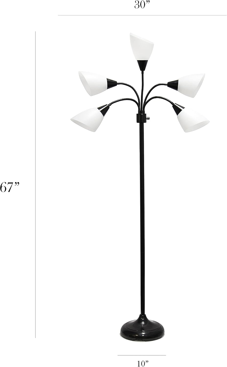 Simple Designs LF2006-BAW 67' Contemporary Multi Head Medusa 5 Light Adjustable Gooseneck Black Floor Lamp with White Shades for Kids Bedroom Playroom Living Room Office (Pack of 2)