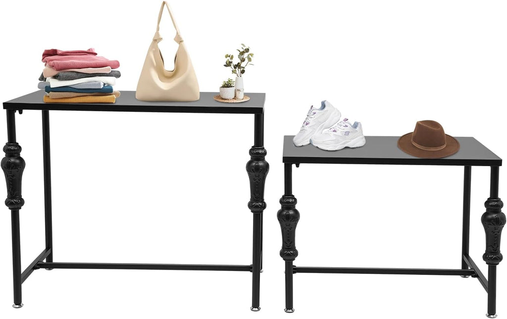 Industrial Retail Display Tables, Set of 2 Standing Clothing Shoes Display Rack, Heavy Duty Boutique Display Riser Storage Shelves, Garment Handbag Display Stand for Retail Clothing Store (Black)