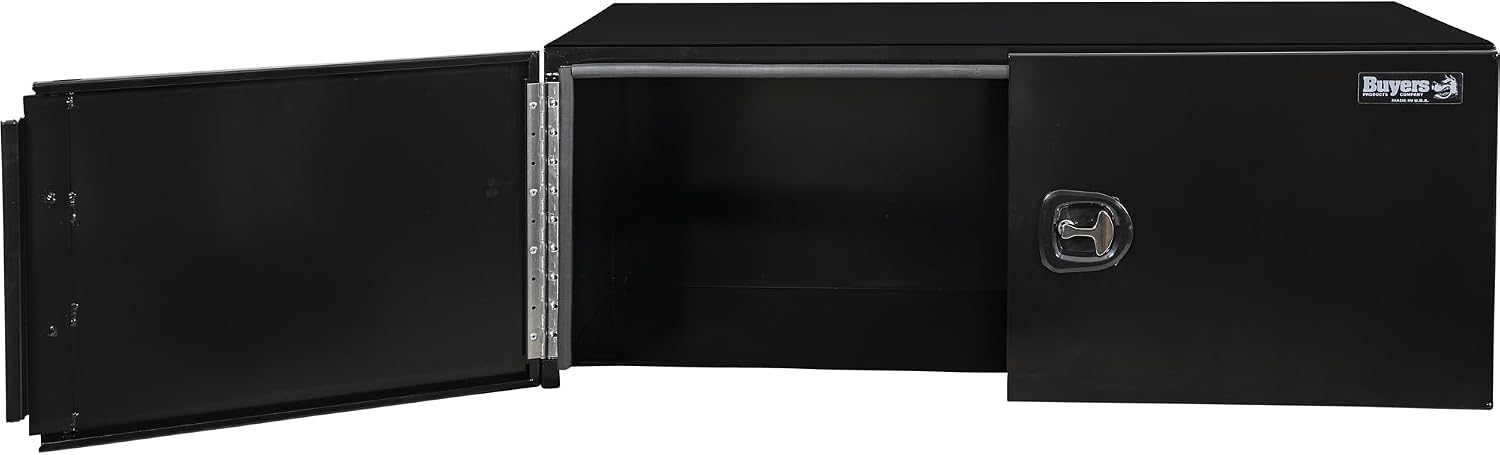 Buyers Products 1705845 Underbody Tool Box With Barn Door, 24x24x60 Inch, Black Powder-Coated, Made in USA, .100 inch Smooth Aluminum, 3-Point Locking, Truck Storage Toolbox For Work Vehicles