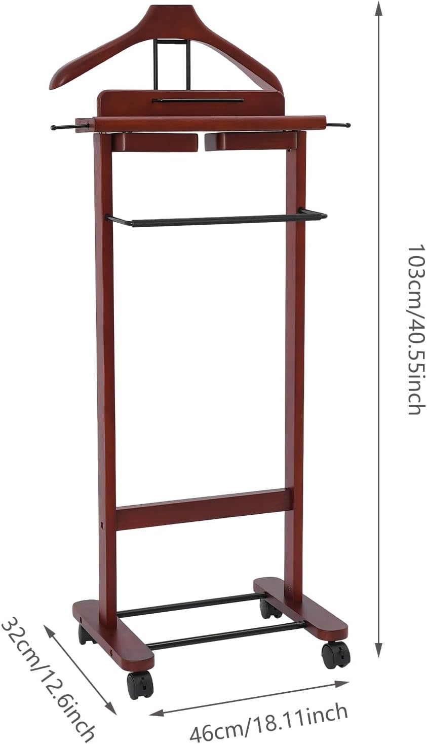 Suit Valet Stand Reddish Orange, Freestanding Clothes Rack with Wheels & Drawers, Solid Birch Wood, 66lbs Capacity, for Bedroom Hotel Entryway