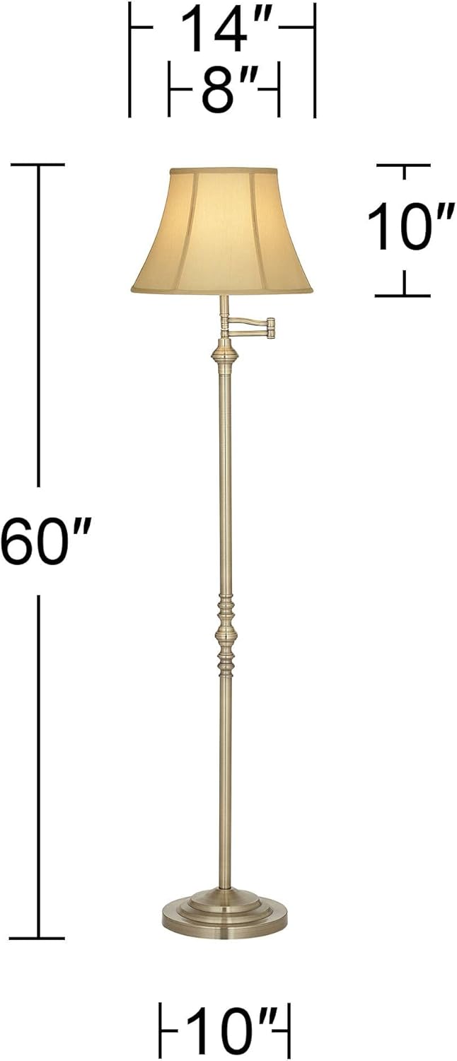 Regency Hill Montebello Traditional Adjustable Swing Arm Floor Lamp Standing 60' Tall Antique Brass Metal Column Golden Tan Bell Shade for Living Room Reading House Family Bedroom Home