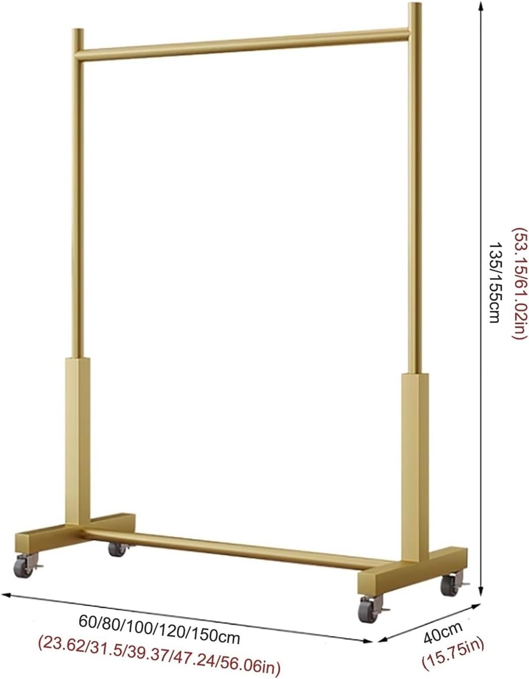 Clothing Rack,Gold Metal Clothing Rack with Wheels, Adjustable Garment Organizer Coat Stand for Home Retail Display, Sturdy 150X40X155Cm Clothes Rail,Black 80X40X135Cm