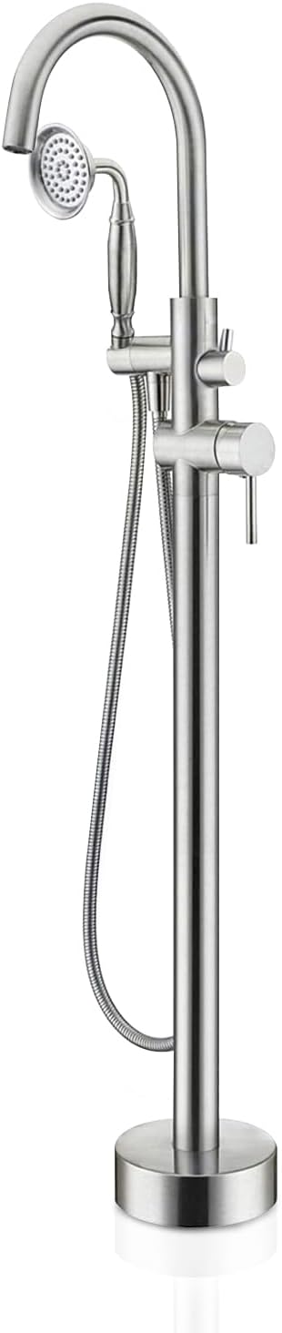Gecheer Freestanding Tub Filler Faucet with Handheld Shower, Brushed Nickel Floor-Mount Bathtub Faucet, 360° Gooseneck Spout, 6 GPM Flow Rate, Includes 59' Stainless Steel Hose