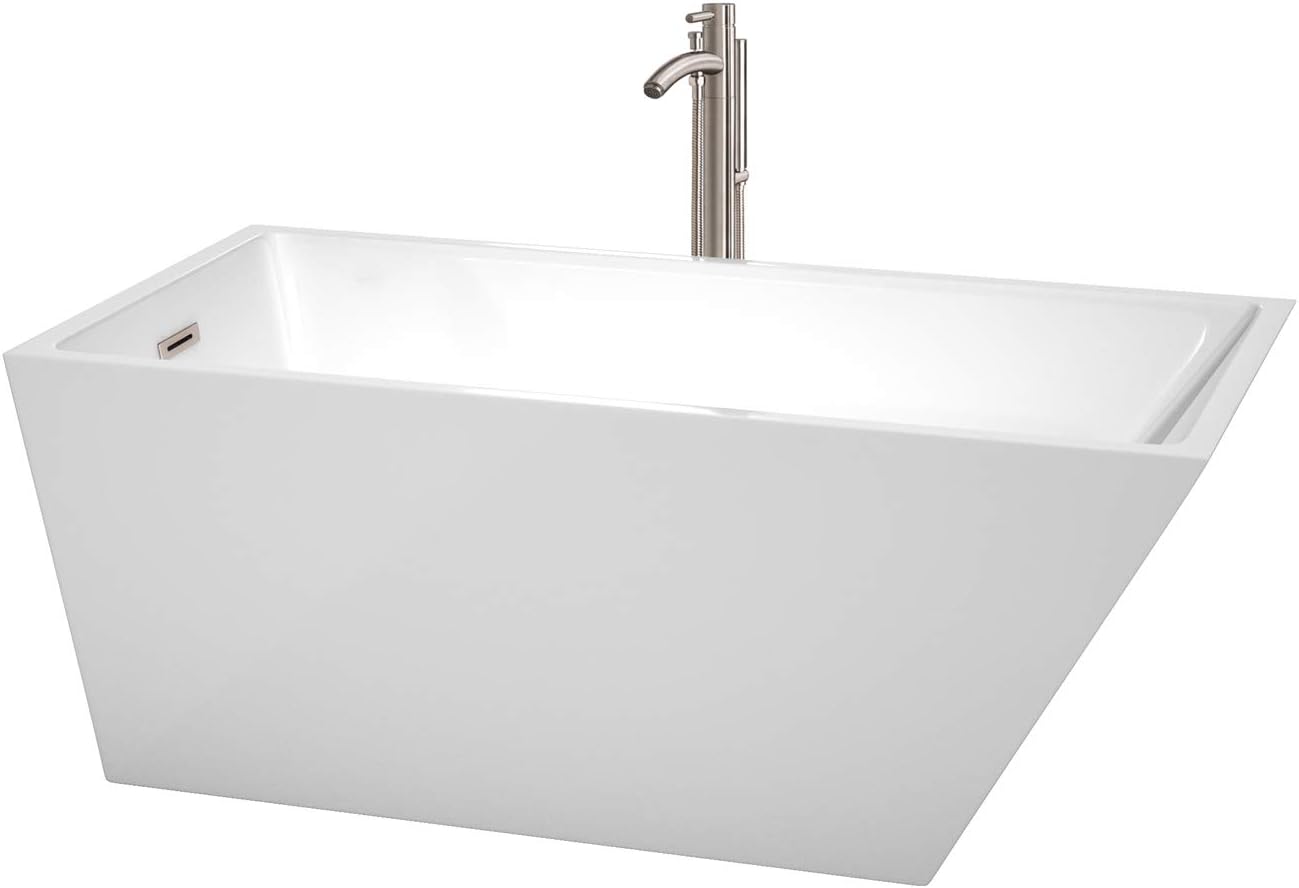 Wyndham Collection WCBTK150159ATP11BN Hannah Freestanding Bathtub with Floor Mounted Faucet In Brushed Nickel, 59', White with Brushed Nickel Trim