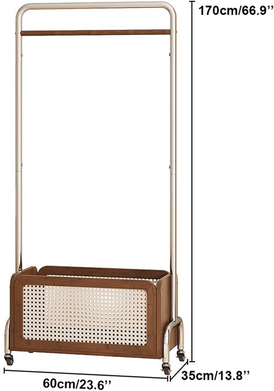Metal Clothing Rack w/Wheels Heavy Duty Rolling Clothes Rack Modern Garment Rack w/Bamboo Rattan Storage Basket for Bedroom Boutiques