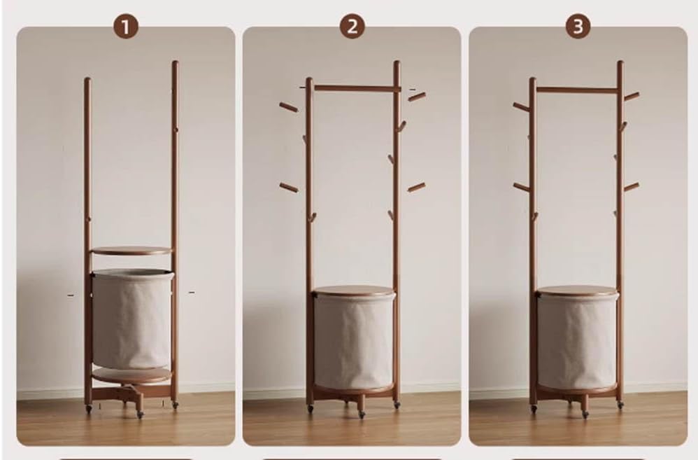 Solid Wood Coat Rack with Fabric Basket - Coat Hanger Stand Coat Tree Rack Freestanding with 9 Hooks Wheels, Small Clothes Rack For Entryway Bedroom Hallway Living Room