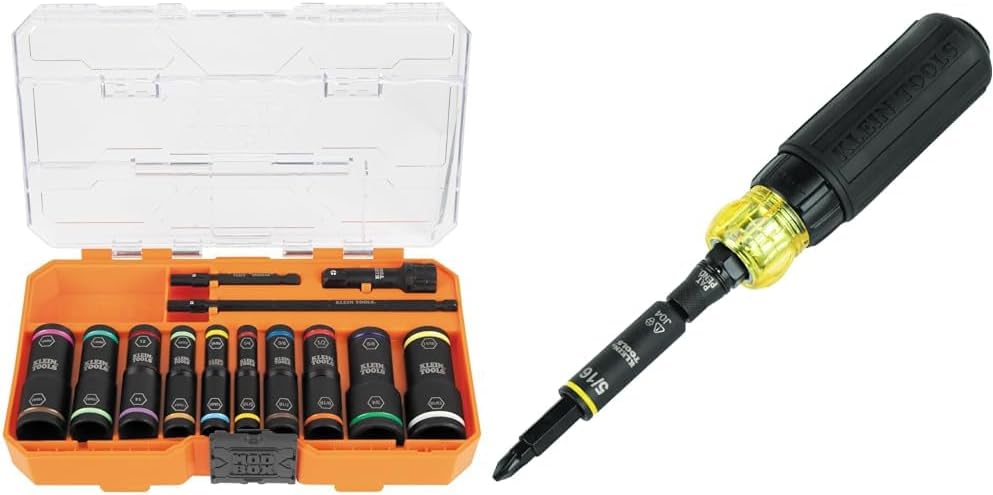 Klein Tools 20-Piece 65239 Flip Socket Set with 32500HDRT 11-in-1 Ratcheting Screwdriver/Nut Driver