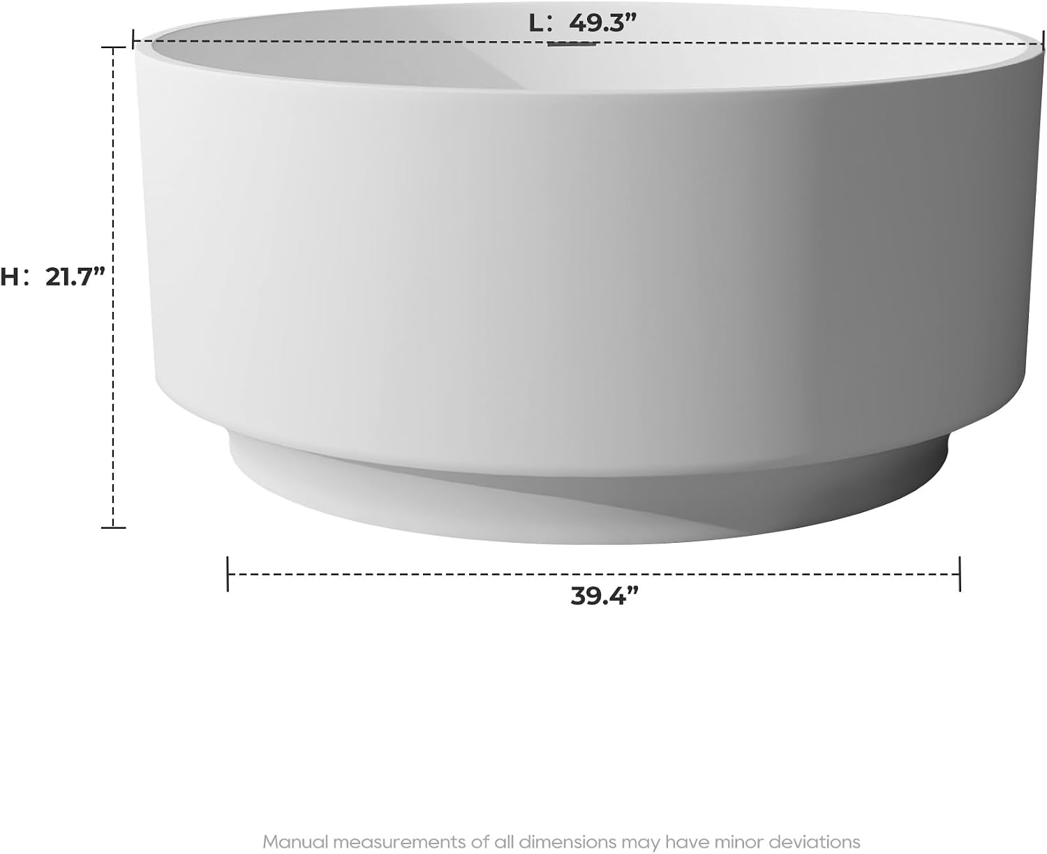 SJ Star&Jane 49' Round Freestanding Bathtub, Solid Surface Stone Resin Tub with Matte White Finish, Stand Alone Soaking Tub for Modern Bathroom