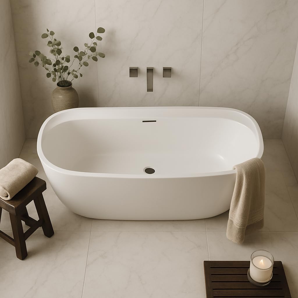 Carver Tubs - Graceful II 67' - Modern White Freestanding Soaking Bathtub With Chrome Center Drain - White Contemporary Oval Acrylic Fiberglass Tub - Deep Relaxing Soak - 67″L x 31'W x 23.5'H