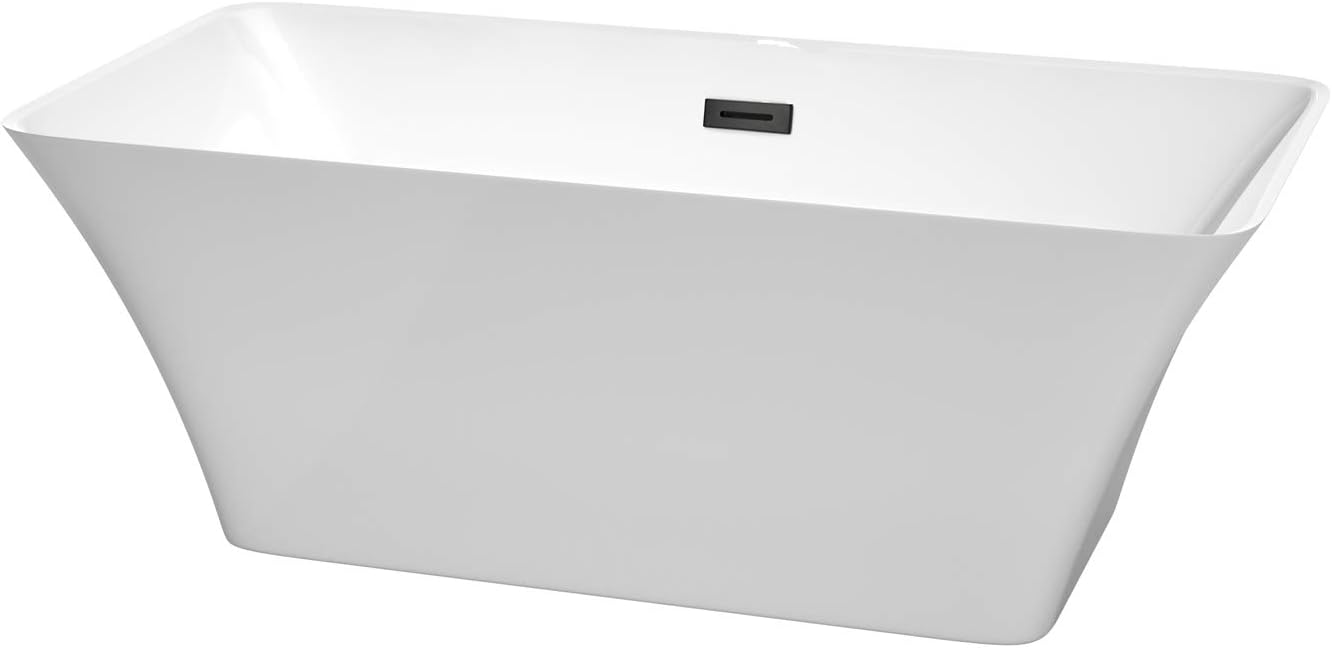 Wyndham Collection Tiffany 59 Inch Freestanding Bathtub in White with Matte Black Drain and Overflow Trim
