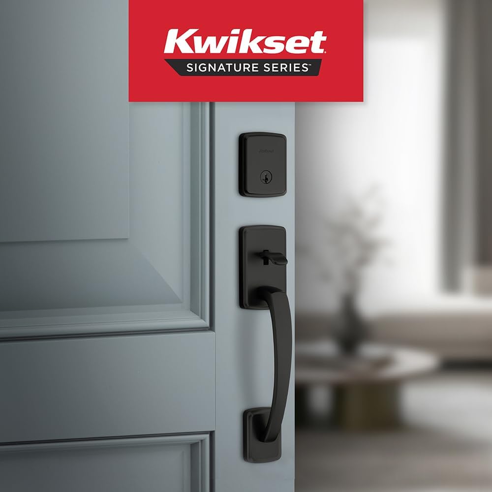Kwikset Brentford Front Door Lock Handle and Deadbolt Set, Entry Handleset Exterior with Sedona Reversible Lever, Matte Black, Pick Resistant SmartKey Rekey Deadbolt Security, with Microban Protection