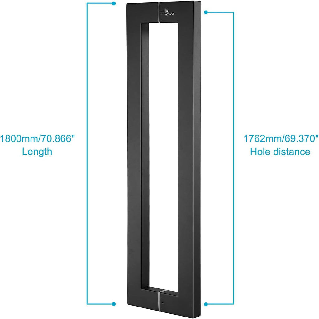 TOGU TG-6013 1800mm/71 inches Square/Rectangle Shape Stainless Steel Push Pull Door Handle for Solid Wood, Timber, Glass and Steel Doors, Full Matte Black Finish