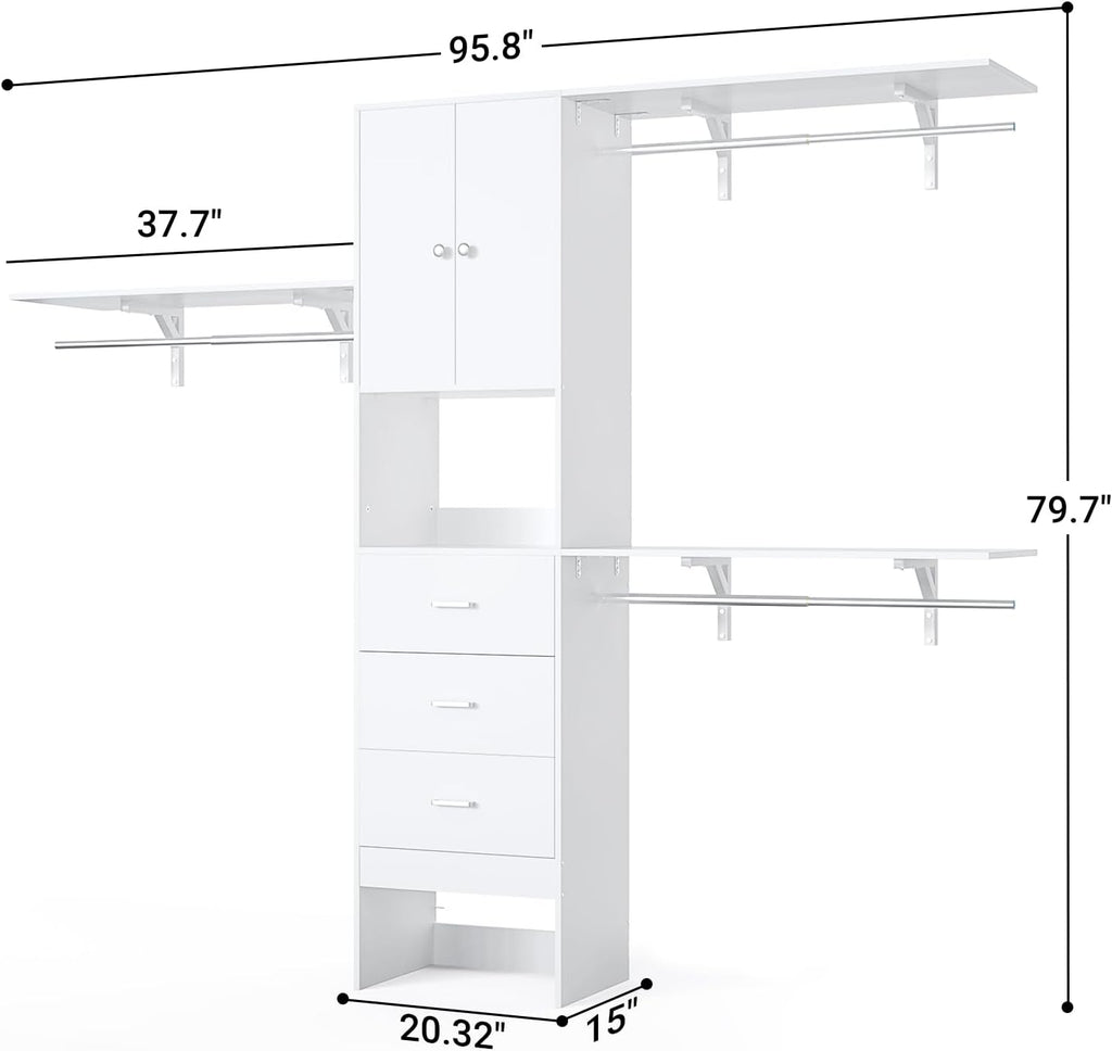 Armocity 96 Inches Closet System with Doors, 8FT Walk In Closet Organizer with 3 Shelving Towers, Heavy Duty Clothes Garment Rack with 3 Wood Drawers, 96' L x 16' W x 80' H, Max Load 1000 LBS, White