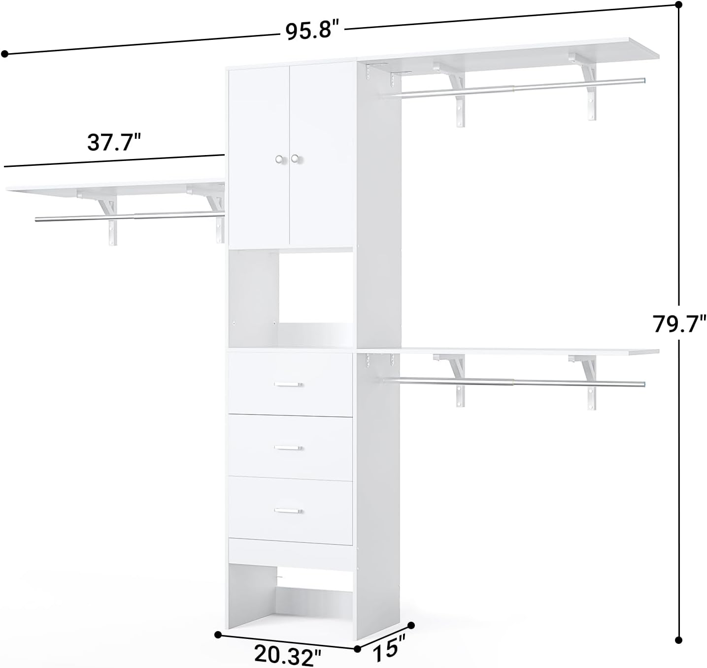 Armocity 96 Inches Closet System with Doors, 8FT Walk In Closet Organizer with 3 Shelving Towers, Heavy Duty Clothes Garment Rack with 3 Wood Drawers, 96' L x 16' W x 80' H, Max Load 1000 LBS, White