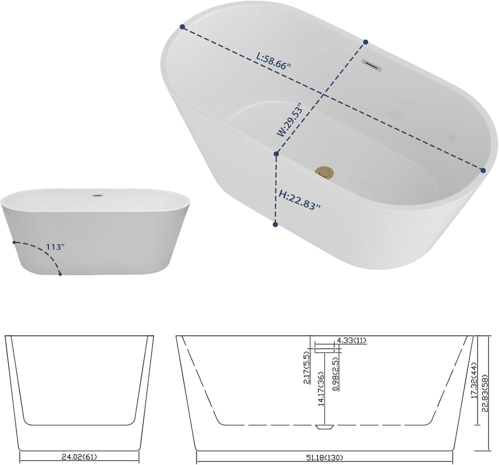 Sarlai 59 Inch Acrylic Freestanding Soaking Bathtub Contemporary Soaking White Tub Stand Alone Ergonomic Bathtub with Black Drain