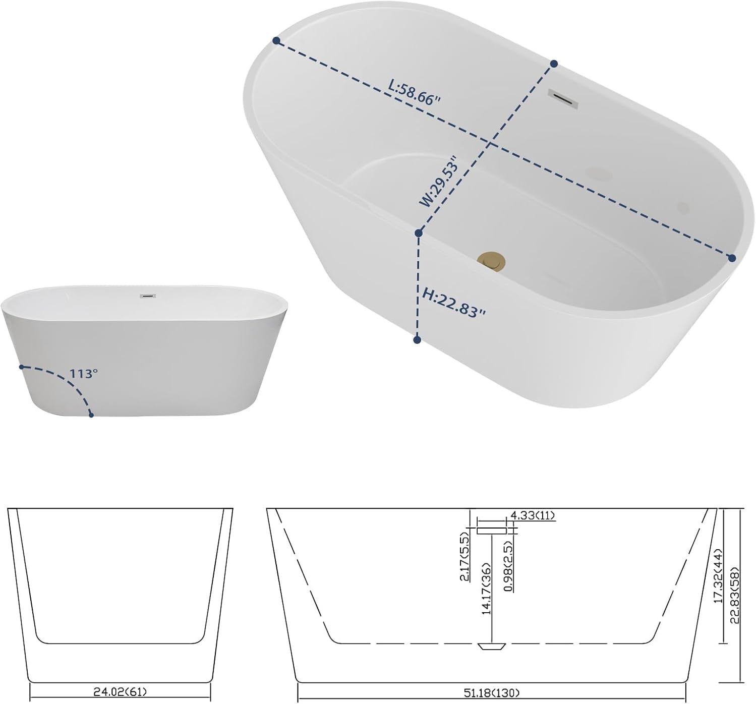 Sarlai 59 Inch Acrylic Freestanding Soaking Bathtub Contemporary Soaking White Tub Stand Alone Ergonomic Bathtub with Black Drain