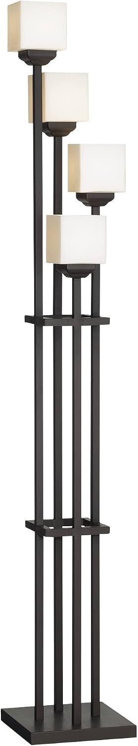 Franklin Iron Works Rustic Farmhouse Torchiere Floor Lamp with USB Charging Port 4-Light 72 1/2' Tall Bronze Metal White Glass Shades for Living Room Reading House Bedroom Home Office