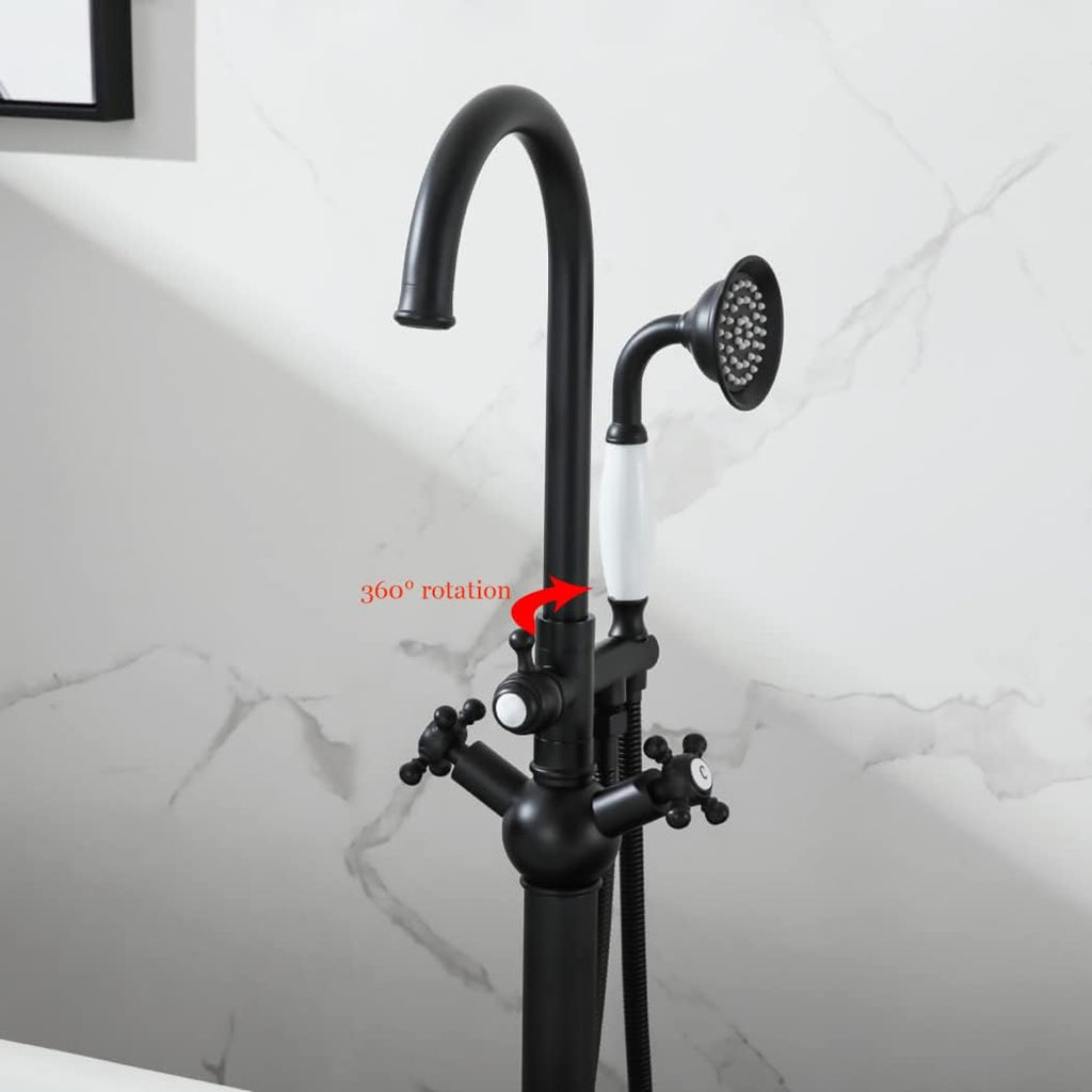 Industrial Freestanding Bathtub Faucet Swivel High Arc Floor Mount Tub Filler Faucet 2 Handles Floor Mounted Tub Faucet Brass Tub Mixer Tap with Handheld Shower and 59' Shower Hose,Matte Black