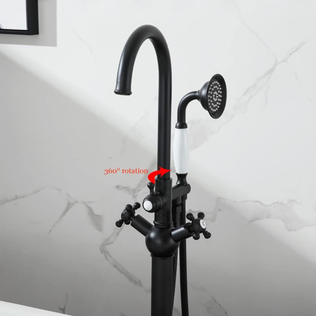 Industrial Freestanding Bathtub Faucet Swivel High Arc Floor Mount Tub Filler Faucet 2 Handles Floor Mounted Tub Faucet Brass Tub Mixer Tap with Handheld Shower and 59' Shower Hose,Matte Black