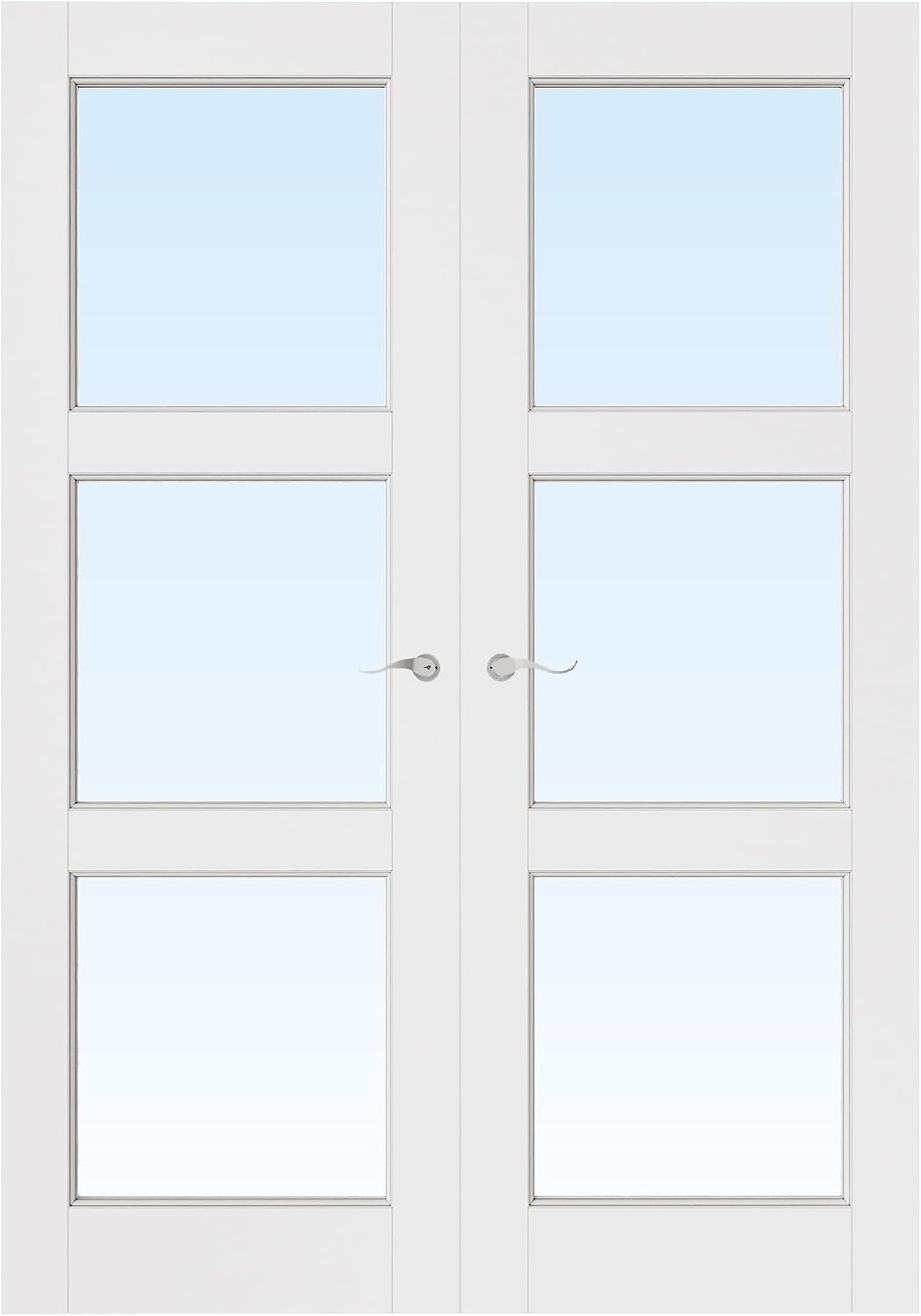 48' x 80' French Doors Interior (Double 24' x 80' 3-Lite Clear Glass Door with Silver Hinge Prehung Jamb Kit), Pre-Finished & Paintable, Prebuilt Home Door Panels & Assembly Required Jamb
