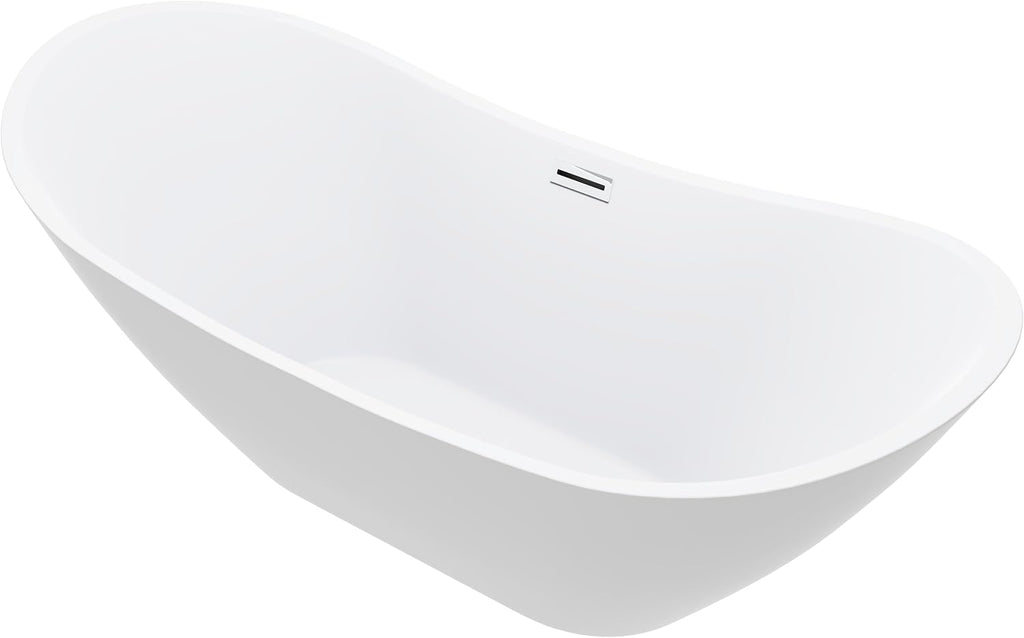 BuildMyplace Sky 67' Acrylic Freestanding Contemporary Soaking Bathtub with Glossy White Finish, Oval Shape, Chrome Plated Drain Cover & Pop Up-Overflow Hole