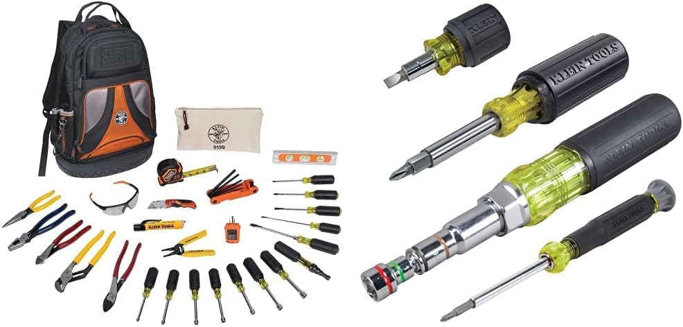 Klein Tools 80028 Hand Tools Kit includes Pliers, Screwdrivers, Nut Drivers, Backpack, and More Jobsite Tools, 28-Piece & 80019 Tool Set, Multi-Bit Screwdriver and Nut Driver Tool Kit, 4-Piece