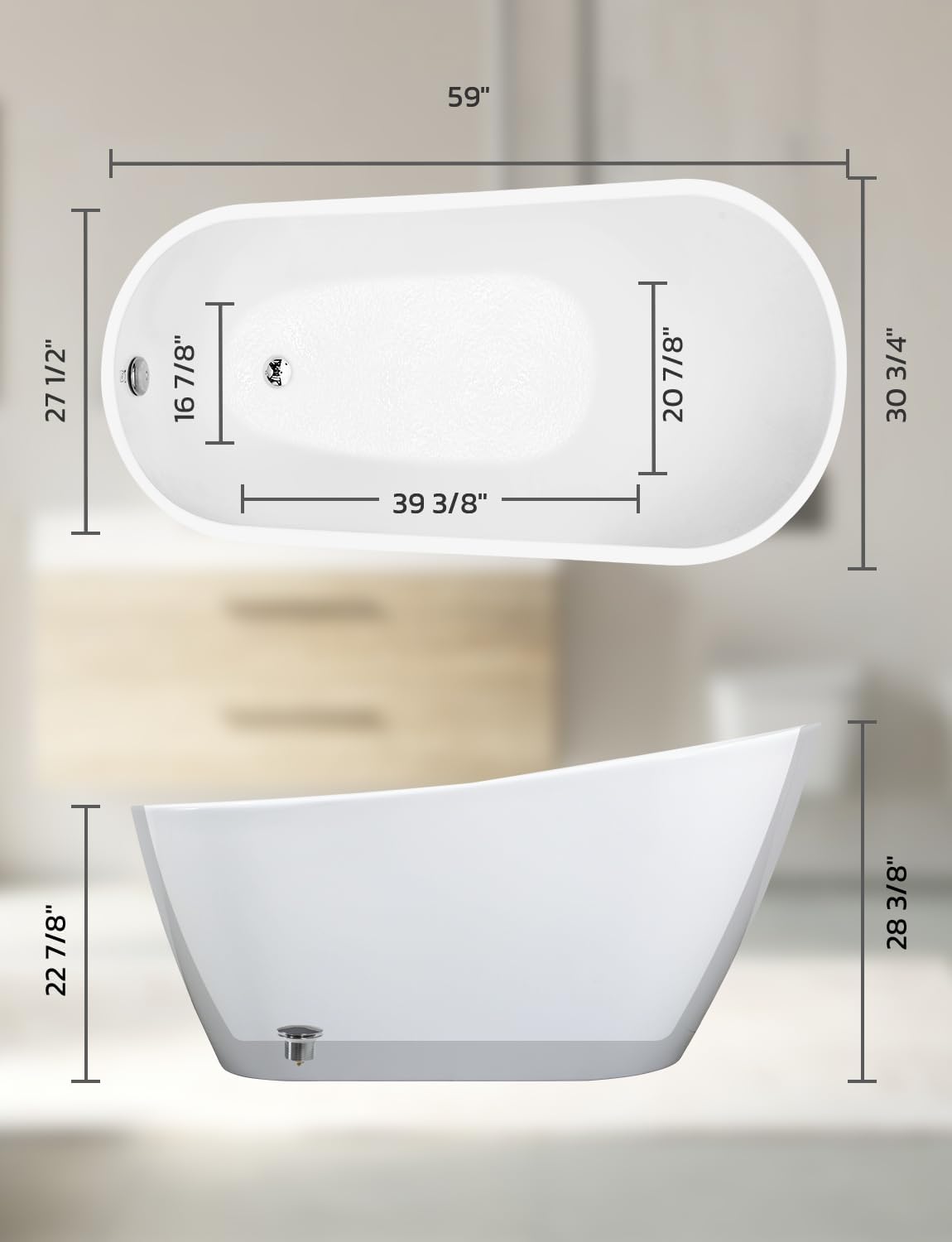 Zevemomo 59 inch Freestanding Bathtub with Non-slip Bottom Design, Acrylic Free Standing Soaking Bathroom Tub with Brushed Nickel-Finished Overflow and Anti-Clogging Drain, White
