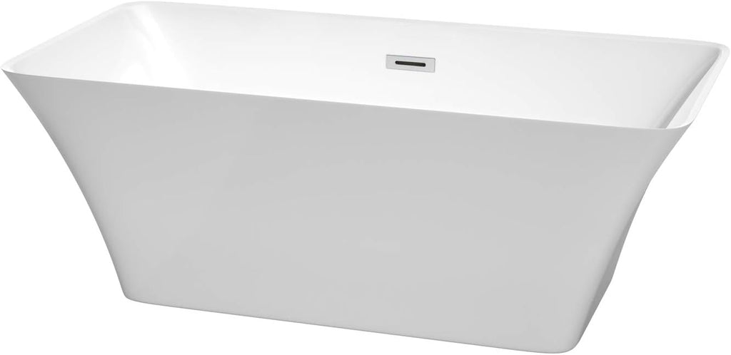 Wyndham Collection Tiffany 59 inch Freestanding Bathtub for Bathroom in White with Polished Chrome Drain and Overflow Trim