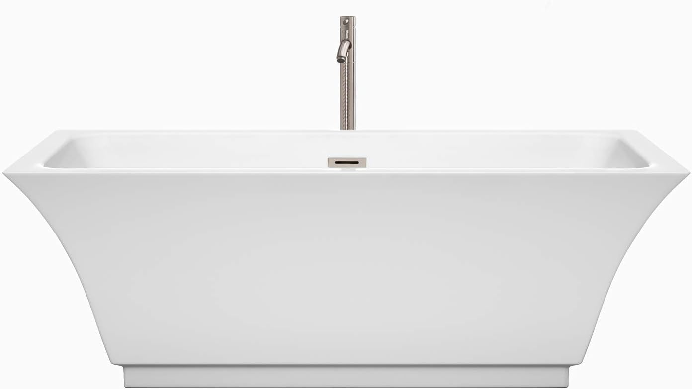 Wyndham Collection WCBTK151967ATP11BN Galina Freestanding Bathtub with Floor Mounted Faucet, 67', White with Brushed Nickel Trim