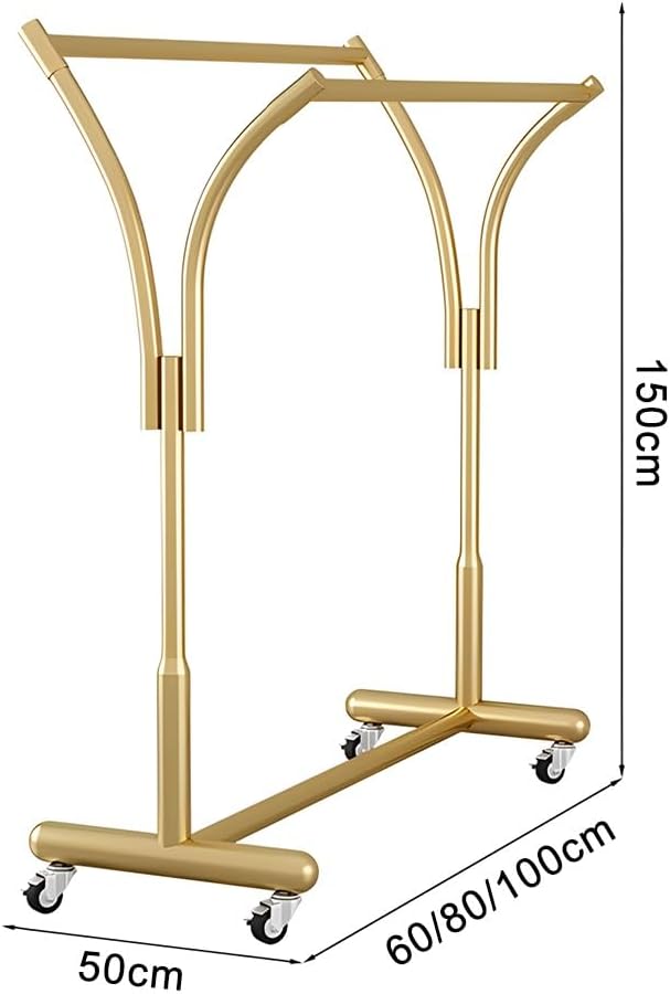 Floor Standing Retail Metal Clothing Rack, Heavy Duty Double-Rod Movable Clothing Shelf, Multifunctional Standing Rolling Garment Rack, for Shopping Mall Clothing Store (Gold b)